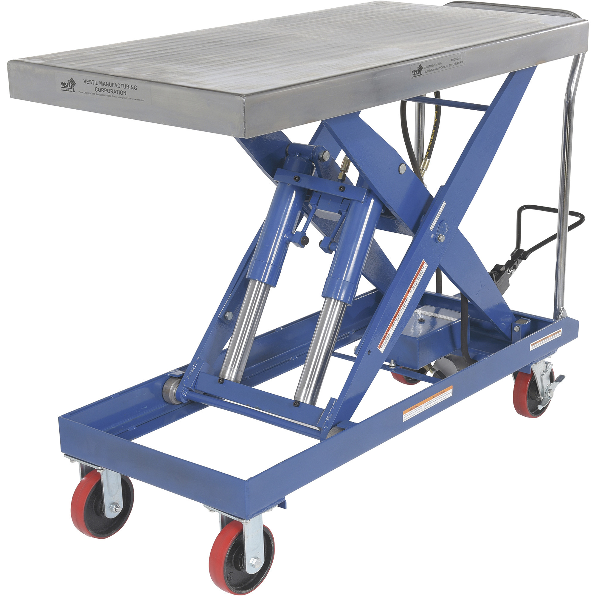 Vestil Air Hydraulic Scissor Cart - 2000-Lb. Capacity, 15in. to 39.5in. Height Range, Poly-on-Poly Wheels, Model# AIR-2000